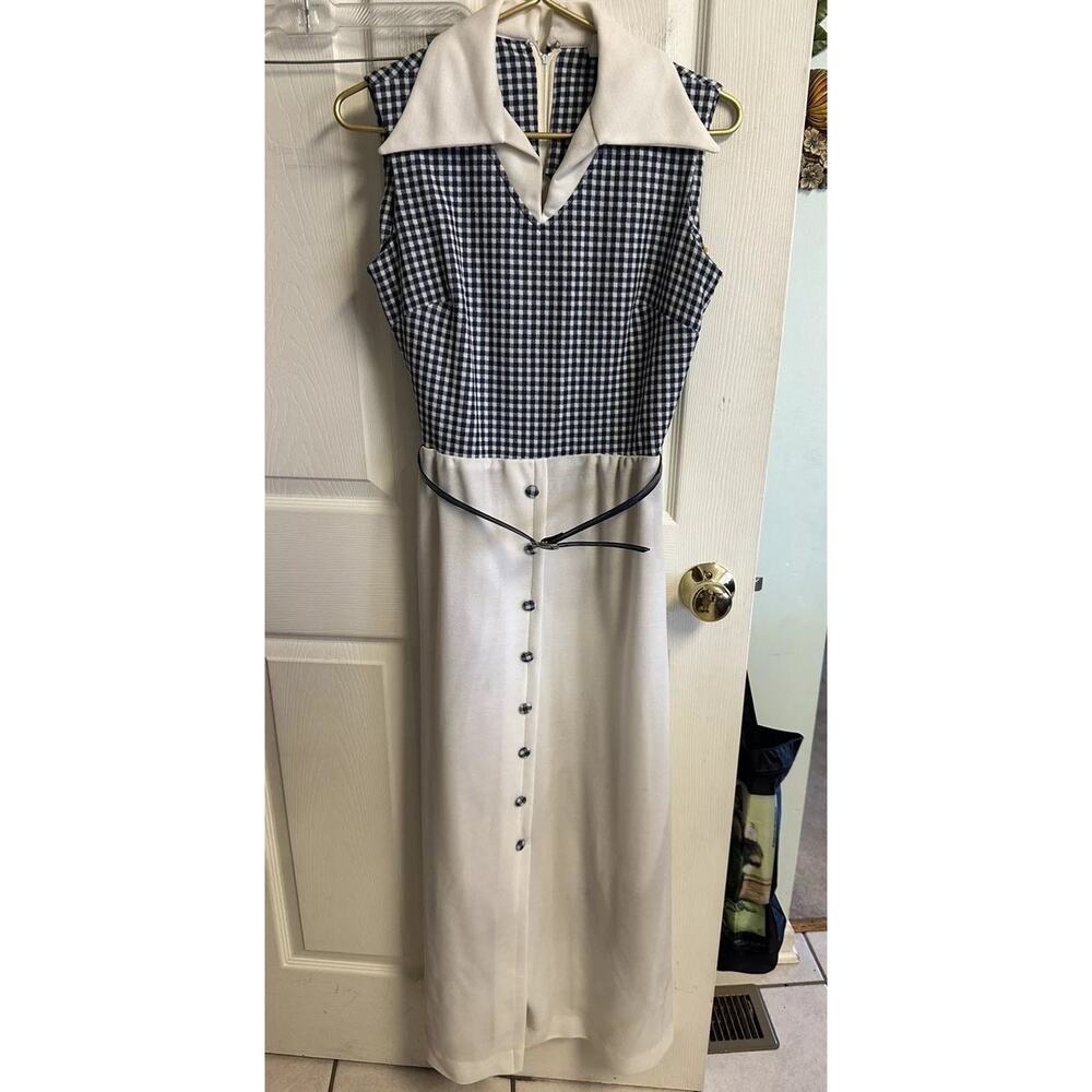 VNT 60s 70s Blue White Dress Mod Union Made Med 34 Bust Gingham Plaid Belt Maxi